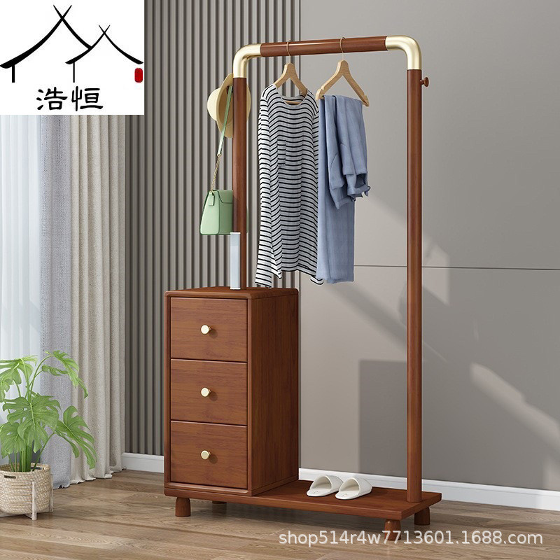 实木衣帽架落地挂衣架卧室简约抽屉灯带感应置物架多功能收纳柜子