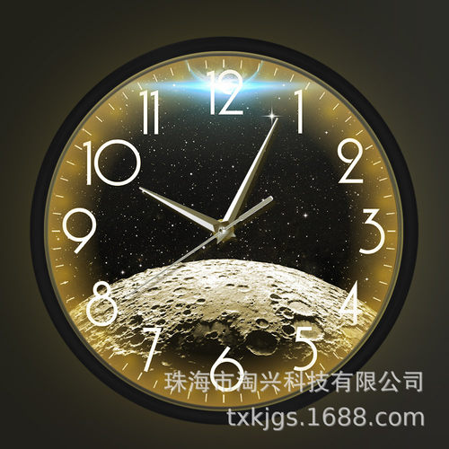 声控感应挂钟led灯墙地球和月球艺术静音金属时钟家居装饰行星钟