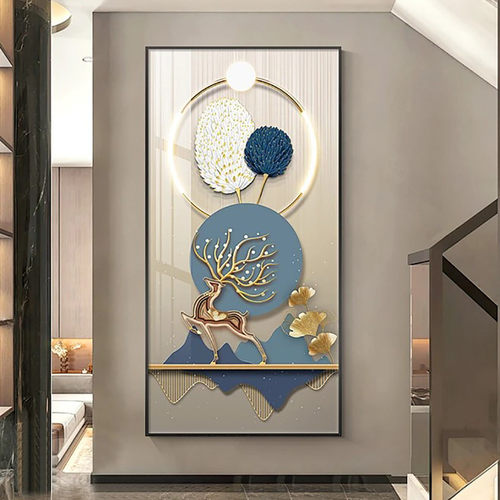 入户轻奢玄关装饰画现代走廊过道挂画竖版麋鹿灯画客厅背景墙壁画