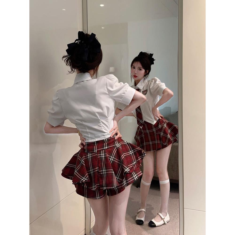 新品美式学院风套装jk制服衬衫上衣女可爱甜美显瘦红格子半裙两件
