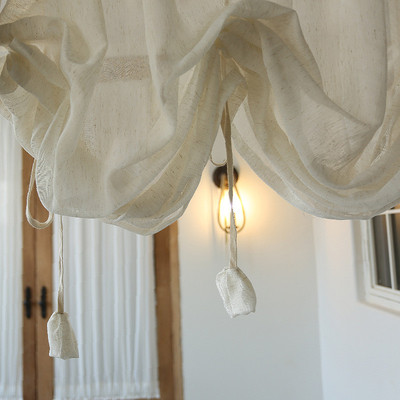 热销日式亚麻提拉帘半帘拱形门帘复古罗马帘魔术贴弧形系带升降帘