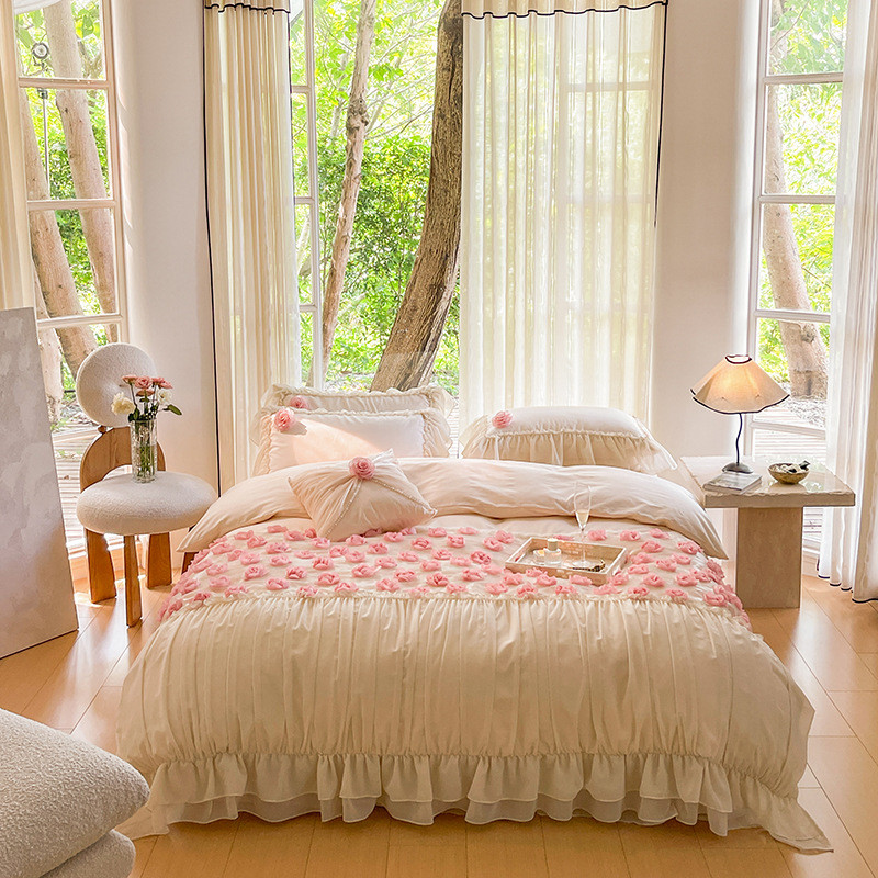 粉色公主风100s全棉四件套粉色玫瑰花长绒棉四件套可爱结婚四件套