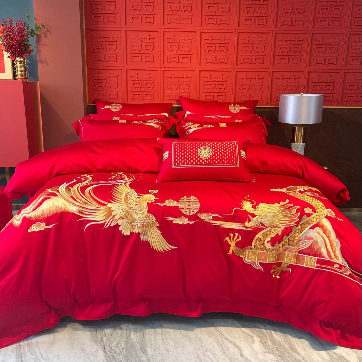 红色结婚四件套龙凤刺绣100长绒棉刺绣备婚床上用品陪嫁喜被嫁妆,床上用品,婚庆床品套件,淘宝优惠券,粉丝福利购,淘宝优惠卷