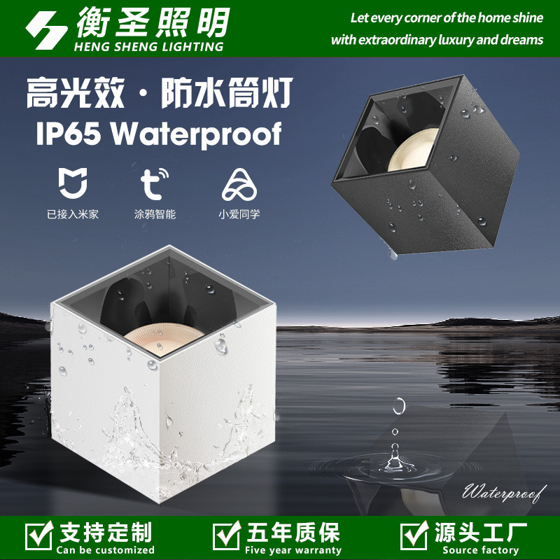 IP65明装防水筒灯卫生间厨房防水雾防潮天花灯吸顶高光效方形筒灯