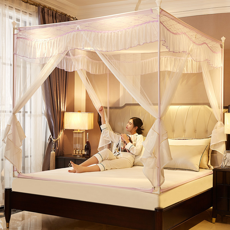 新款拉链式坐床蚊帐T型三开门宫廷方帐公主风卧室家用防摔支架1.8