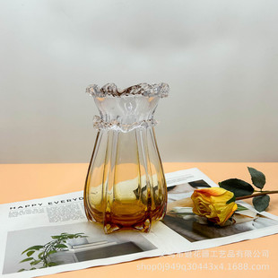 简约轻奢琥珀色花边琉璃餐桌客厅花瓶创意插花摆件样板间高级装 饰