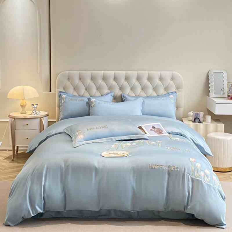 新款雪莲床单四件套绣花四件套轻奢纯色被罩天丝高档丝滑床品套件