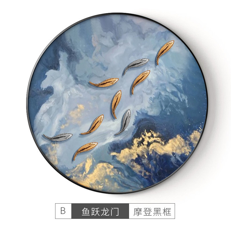 玄关装饰画手绘油画轻奢九鱼图立体圆形肌理画客厅沙发背景墙挂画图片