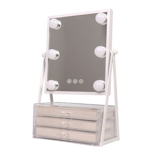 光照化妆镜360º旋转首饰盒一体台式梳妆镜三色可调灯好莱坞明镜