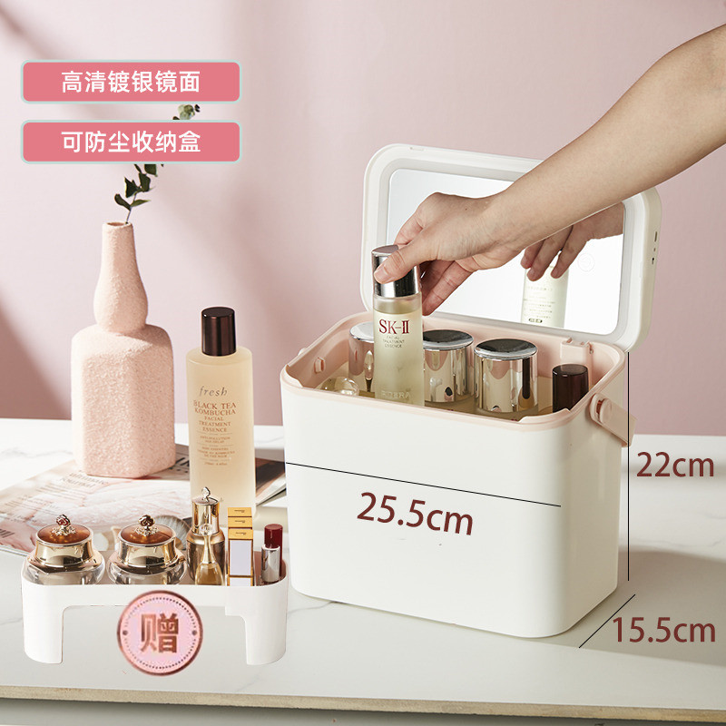 台式led灯化妆镜一体收纳盒家用女学生梳妆桌面补光大号小型镜子