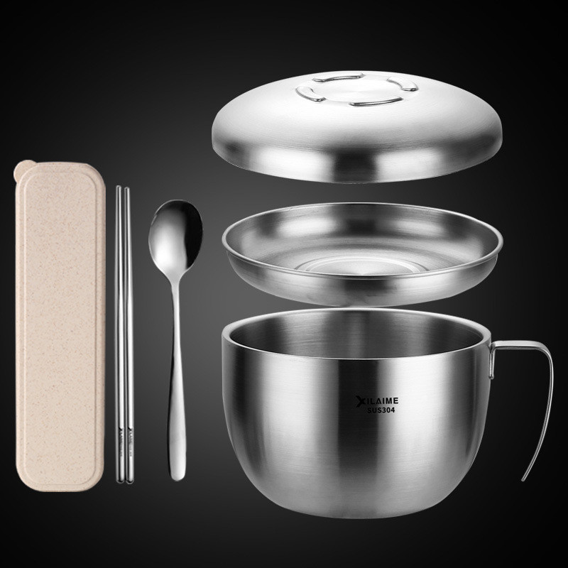 vhm7批发304不锈钢学生宿舍家用带盖泡面碗带把手柄单个大快餐杯