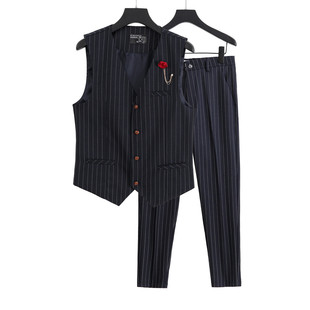 气质无袖 男士 坎肩马夹结婚伴郎服二件套 条纹马甲套装 韩版