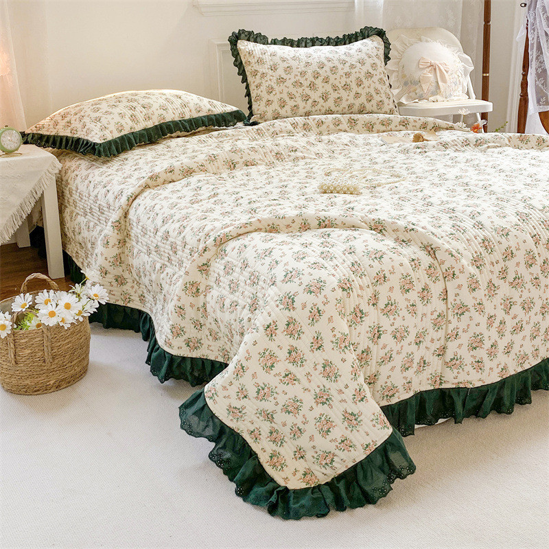 法式复古风全棉绗缝床盖四件套床盖单枕套花边床上用品三件套