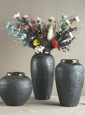 热销花瓶陶瓷陶艺中式粗陶家用客厅插干花摆件简约手工陶罐复古装