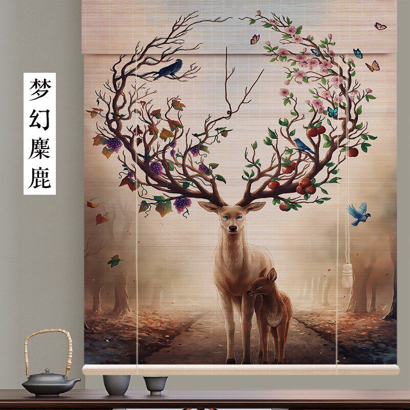 免打孔隔断帘门帘遮光竹帘卷帘自动升降窗帘新中式玄关拉帘屏风帘