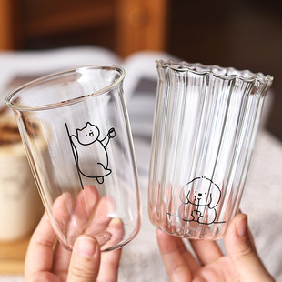 小猫干杯!原创耐热玻璃咖啡杯牛奶杯啤酒杯水杯子可倒开水微波炉