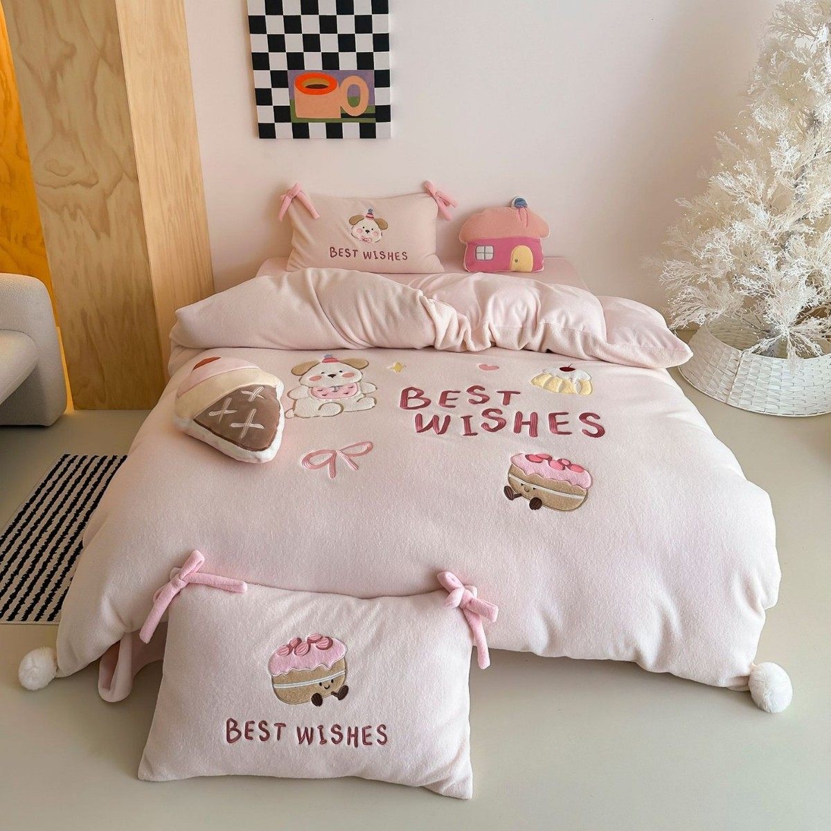 软糯少女心280g仿羊毛绒加厚保暖圣诞老人刺绣冬季四件套被套床单,床上用品,床品套件/四件套/多件套,淘宝优惠券,粉丝福利购,淘宝优惠卷