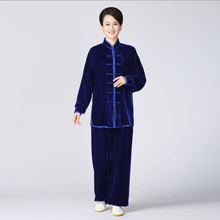 厂家直供太极服男现货双层加厚金丝绒：女款纯色中式功夫服练功服