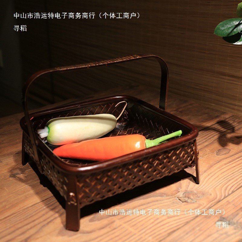 手工大漆竹编篮子手提筐方形复古提篮桌面储物水果篮收纳盒用