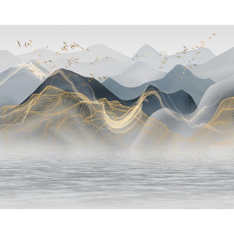 umc7批发新中式现代客厅壁纸轻奢金色水墨抽象山水线条3d壁画电视