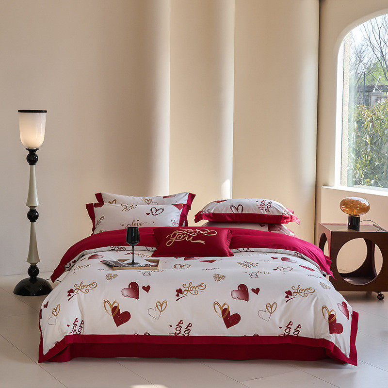 婚庆四件套100支爱心数码印花红色结婚被套新款全棉床单1.8米床品,床上用品,床品套件/四件套/多件套,淘宝优惠券,粉丝福利购,淘宝优惠卷