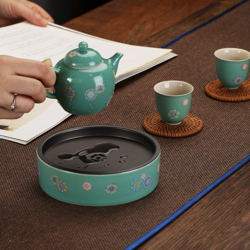 热销松石绿釉壶承家用陶瓷干泡台小茶盘简约托盘圆形日式储水蓄水