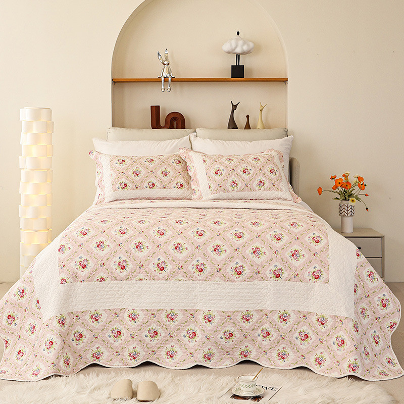 印花新款韩式绗缝床上三件套手工被夹棉床单防滑玫瑰花夏凉空调被