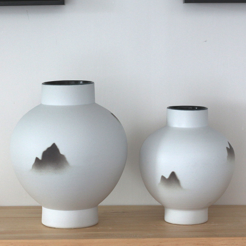 新中式手绘山水水墨画创意陶罐花器客厅电视柜样板间陶瓷花瓶摆件