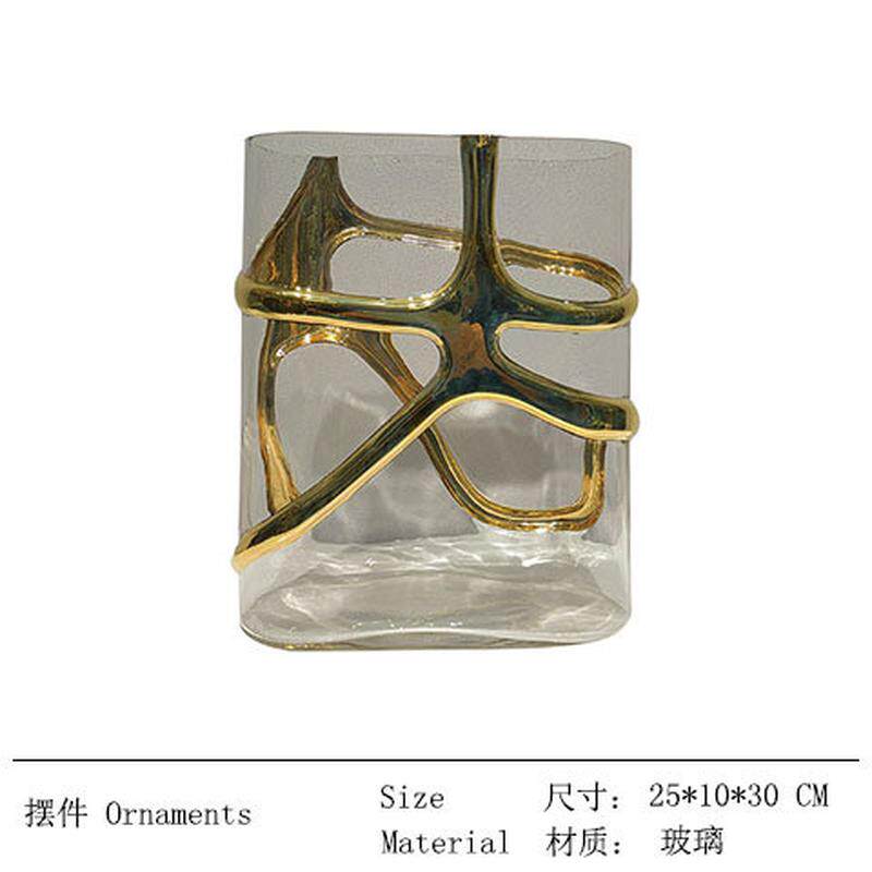 现代简约轻奢饰品银色玻璃扁形流线花器花瓶样板房客厅软装金色