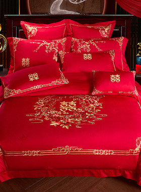 zz8n批发140s支全棉婚庆四件套大红色婚房床上用品刺绣喜被子结婚