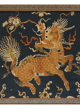 法式中国风壁画美式复古中古餐厅挂画小众艺术麒麟献瑞客厅装饰画