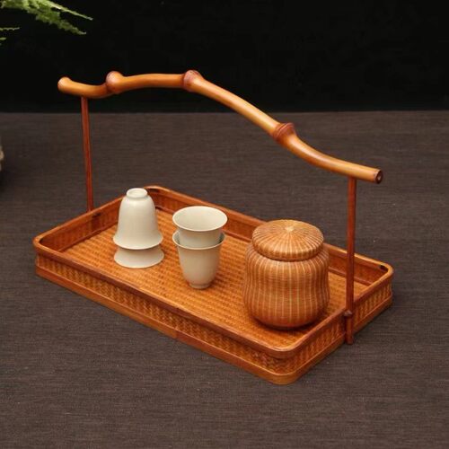复古筇竹手工大号防古手提茶盘长方形托盘竹编水果盘茶点盘收纳盒
