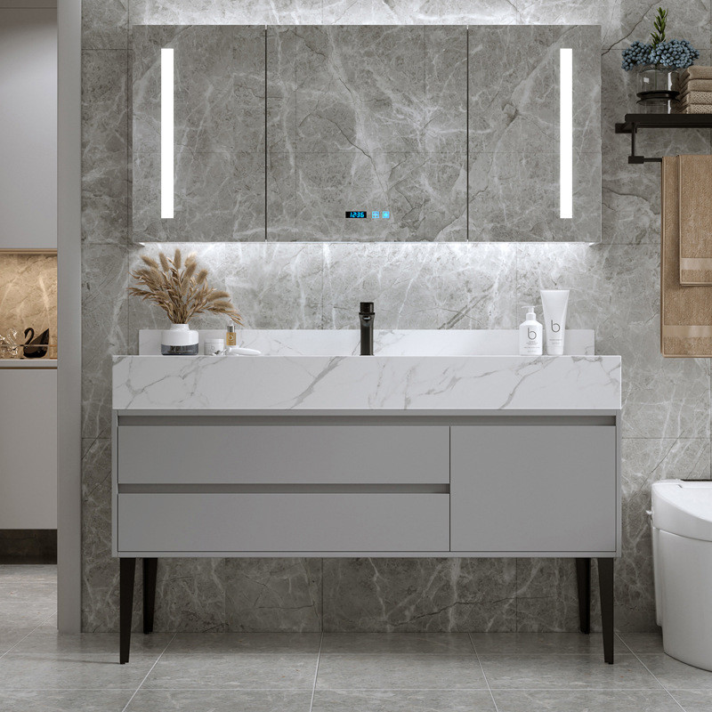 岩板一体现代轻奢双盆浴室柜组合落地式洗脸洗手池洗漱台盆卫生间