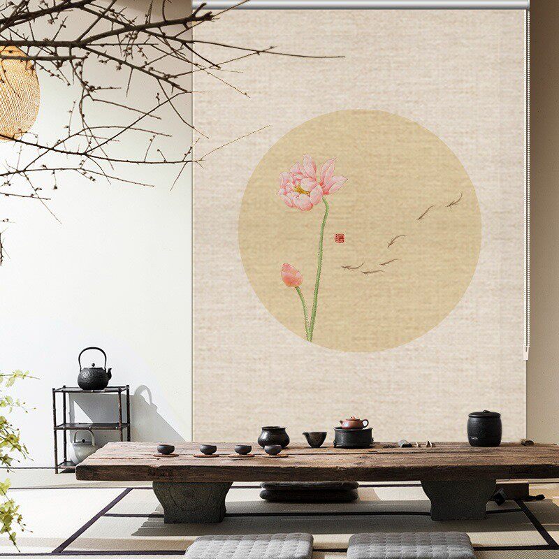禅意亚麻卷帘隔断帘日式茶室新中式窗帘卷拉式客厅遮光电动软隔断