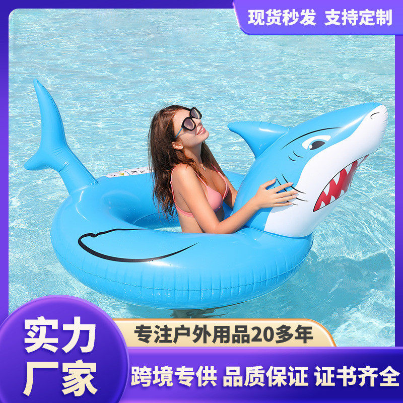 新款现货游泳圈充气网红卡通鲨鱼成人pvc充气浮床水上娱乐浮圈