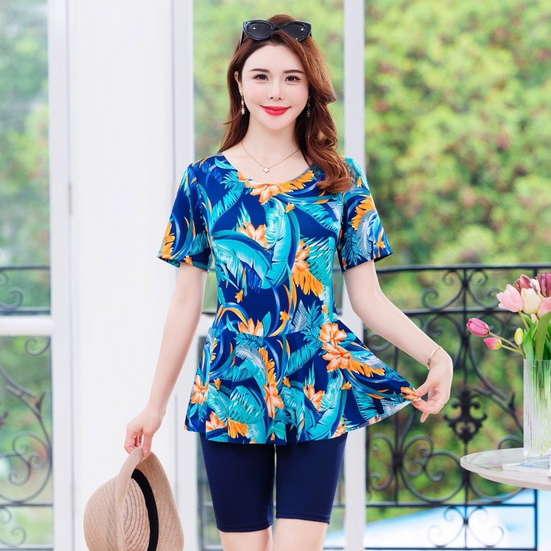 连体平角大码妈妈泳衣女士胸垫显瘦遮肚加大温泉泳装女飘尔舒2301