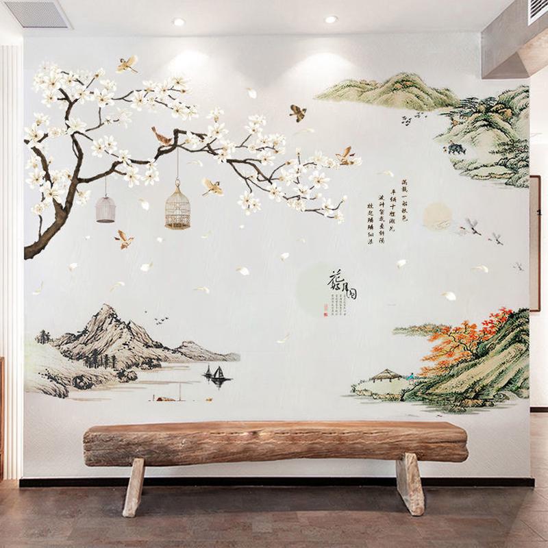古风贴纸自粘3d立体墙贴中国风背景墙山水画墙面装饰客厅墙壁贴画