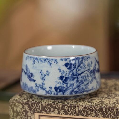 景德镇青花陶泥零配件茶洗水盂家用茶渣缸陶瓷水洗废水缸茶道花鸟