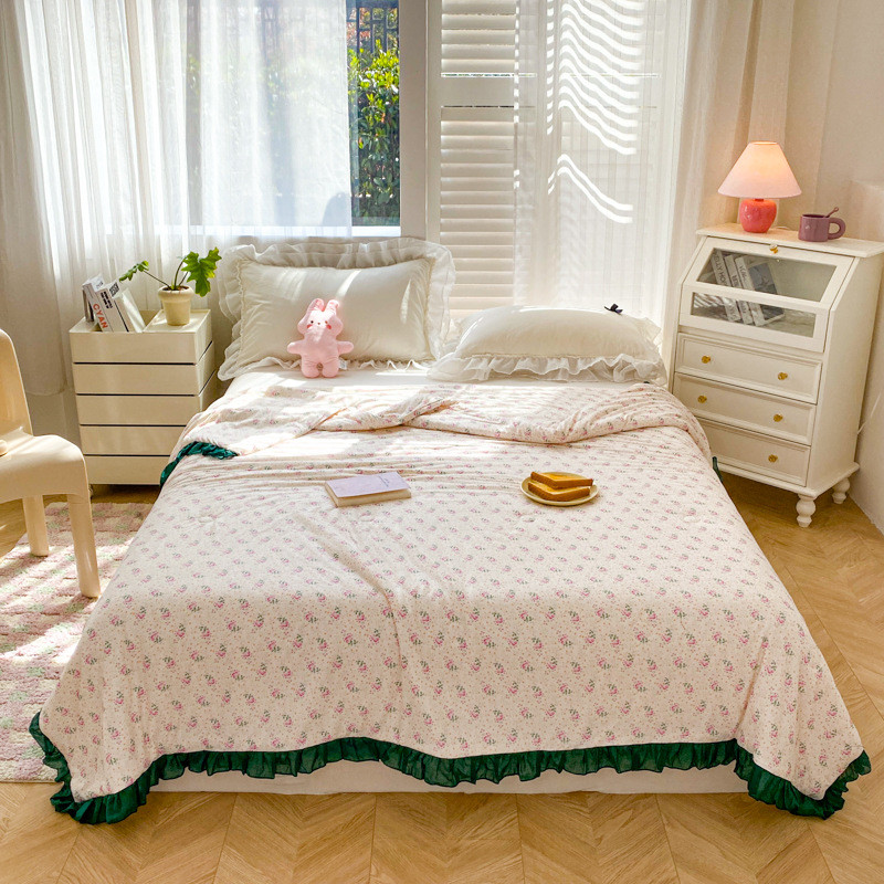 ins黑色花边复古小碎花针织空调被柔夏凉被夏天薄被云超柔软少女