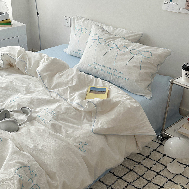 贝壳喵喵可爱刺绣简约少女心床四件套大学生宿舍床上三件套