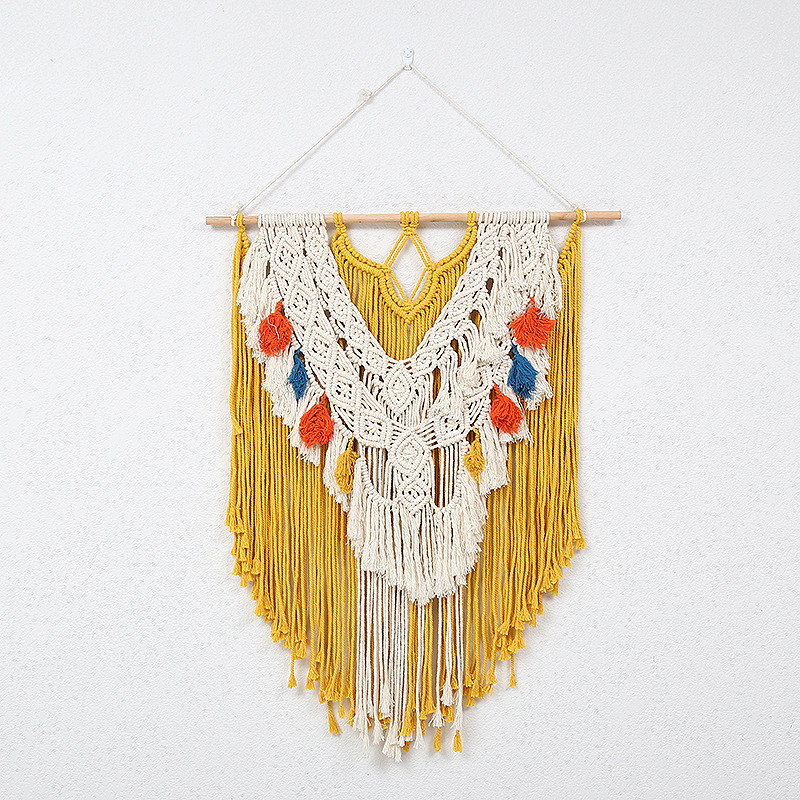 简约风手工编织树叶装饰挂毯棉线编制羽毛背景墙床头大壁毯