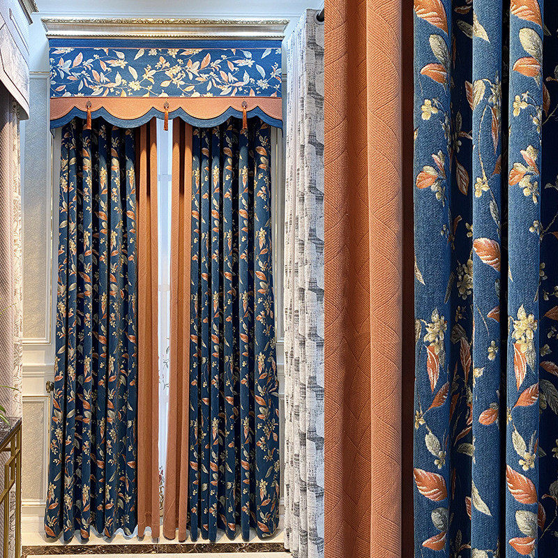 美式小碎花批发雪尼尔提花窗帘客厅卧室加厚复古窗帘成品厂家蓝色