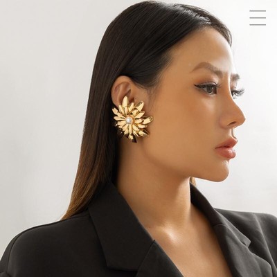 Vintage Metal Gold Color Flower Big Earrings for Women Punk