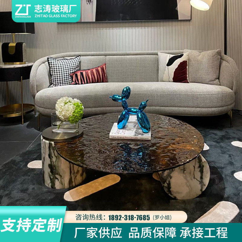 现货彩色茶几玻璃钢化玻璃玻璃水波纹玻璃艺术玻璃原片热熔圆型