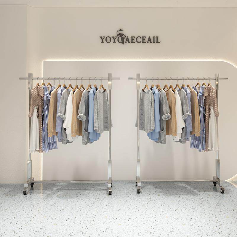 不锈钢带女装店落地式挂衣架直播间移动中岛架服装展示架轮陈列架