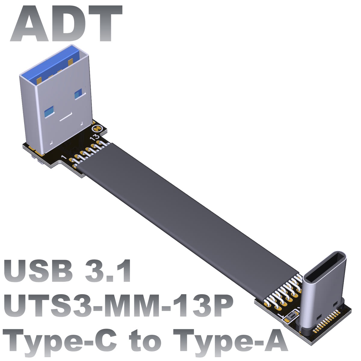 ADT USB3.1扁平延长线 A公对C公type-c弯角 机箱内置线工厂直销