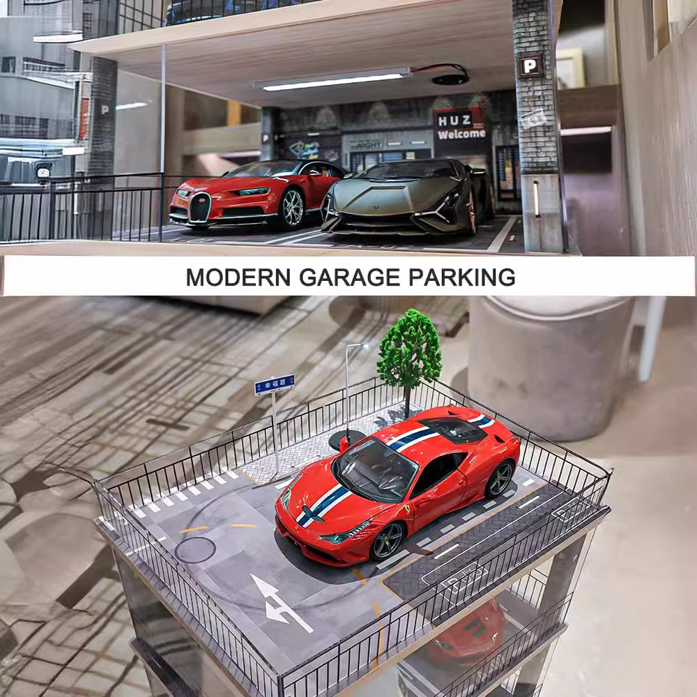 热销1:18仿真汽车大楼车库模型车模场景亚克力展示盒汽车模型收纳
