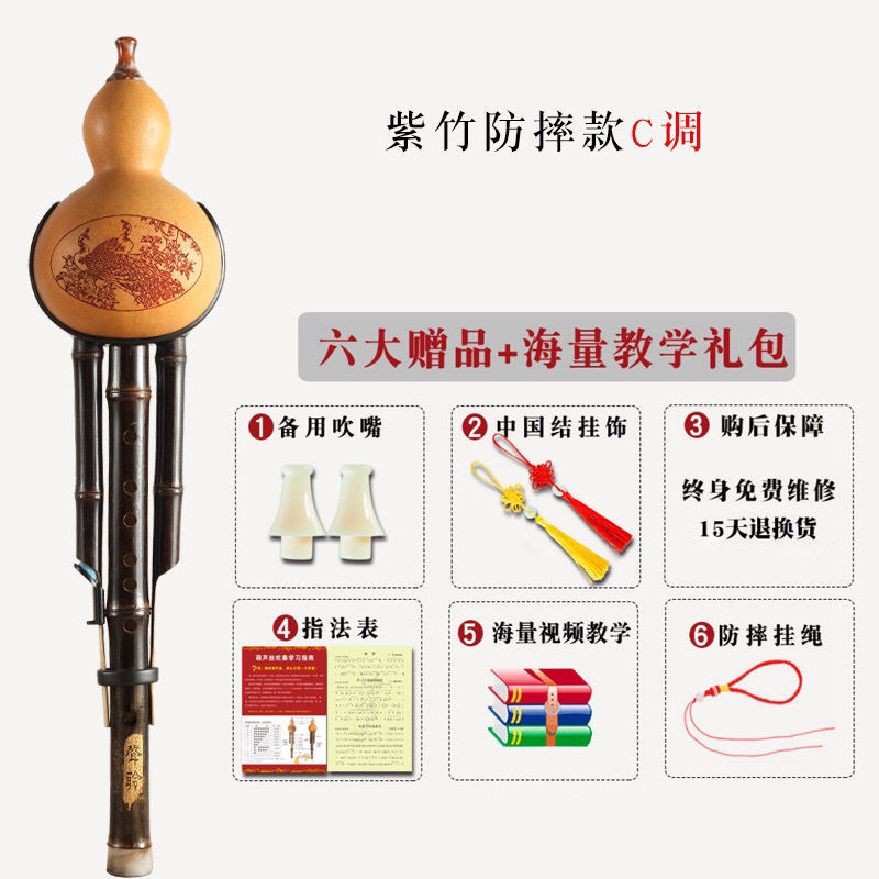 葫芦丝乐器儿童成人防摔双音c降b调初学专业演奏型天然胡紫竹芦丝