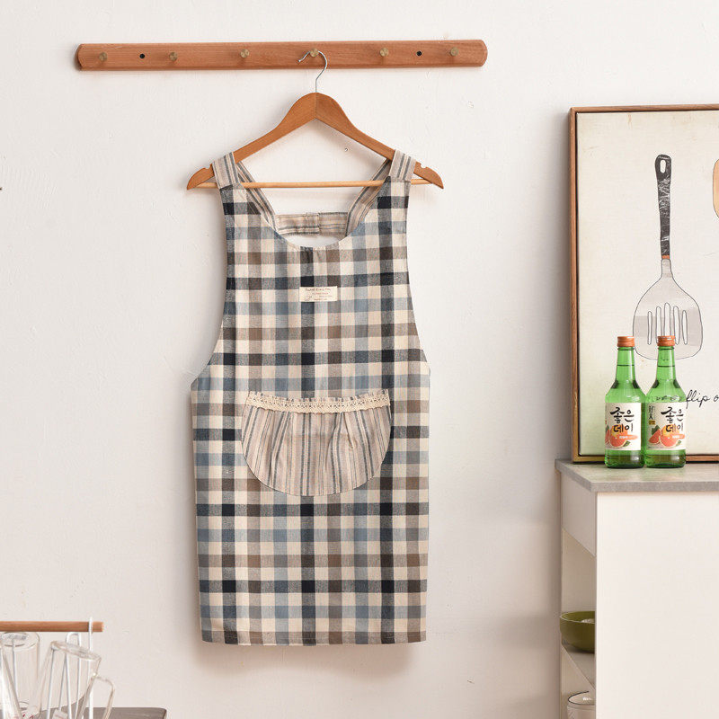 tuf4日系韩版棉麻布艺格子做饭防油罩衣围裙家用厨房围腰店服工作,家庭/个人清洁工具,围裙,淘宝优惠券,粉丝福利购,淘宝优惠卷