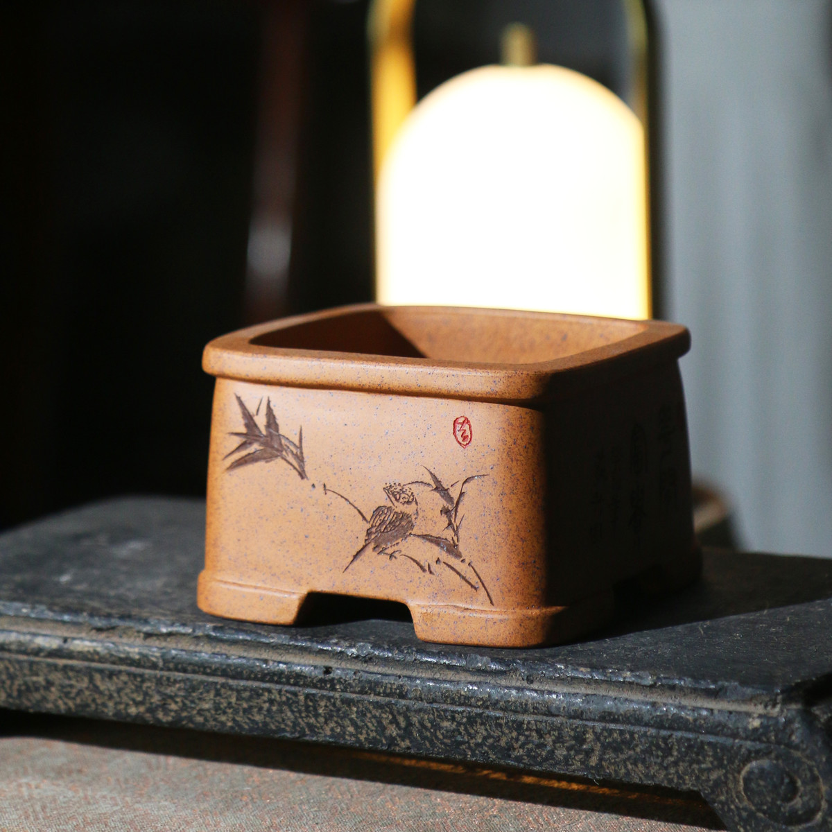 苏紫砂花盆兵柴烧正方形四方刻绘手工盆黄降坡泥手工盆名家盆精工